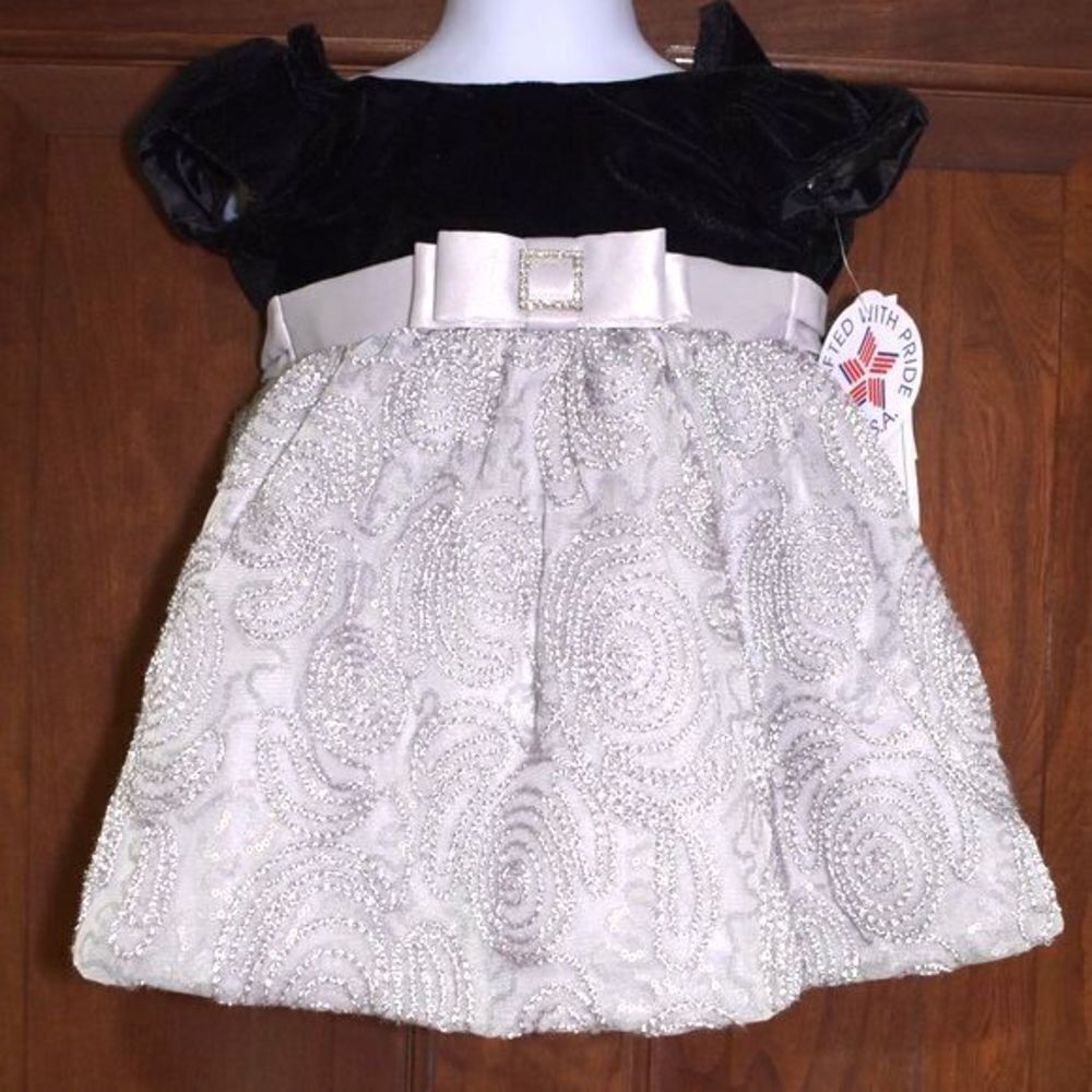 Little Girls  Formal Dress  6-12 M Black Silver Short Sleeve Party Holiday Gown